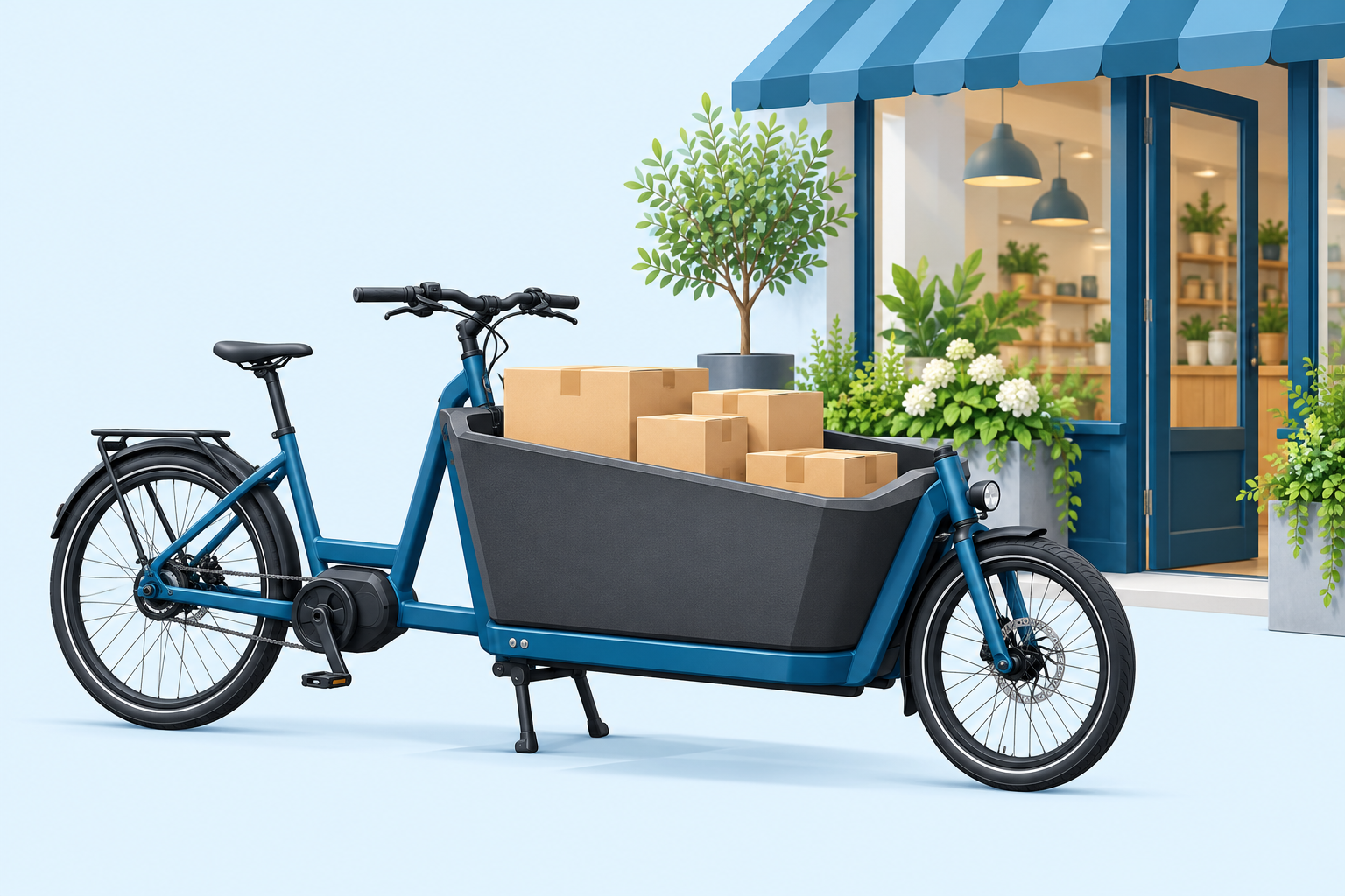KI-Illustration eines elektrischen Lastenrads mit Transportbox und Paketen vor einem Geschäft