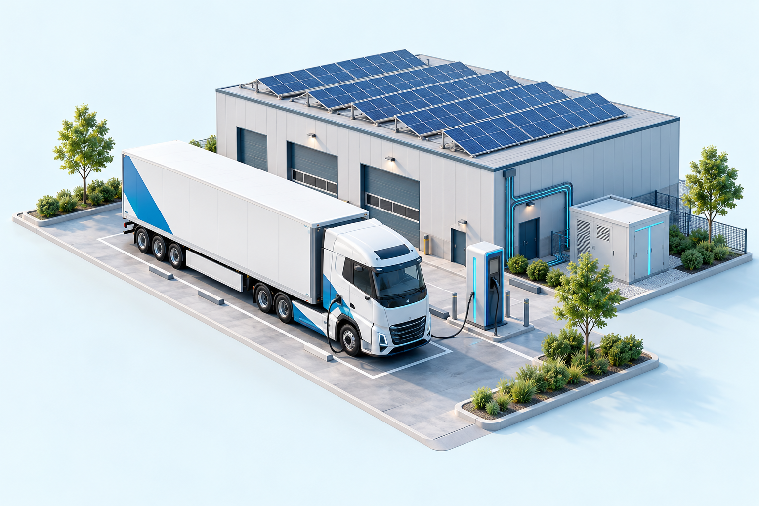 KI-Illustration eines E-Lkw an einer Depot-Ladestation mit Photovoltaikanlage